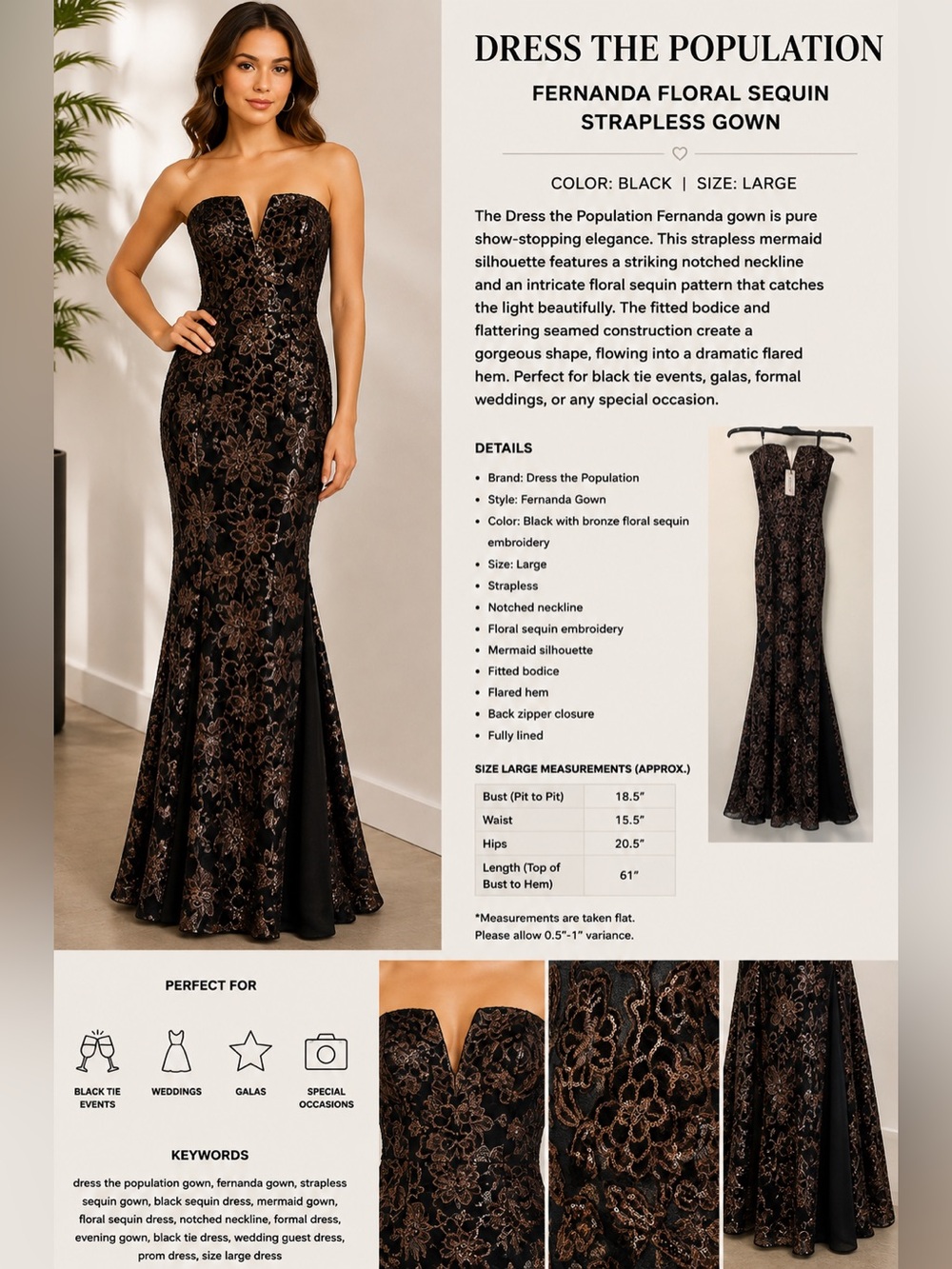 Dress the Population Fernanda Floral Sequin Strapless Mermaid Gown Black L - DL1